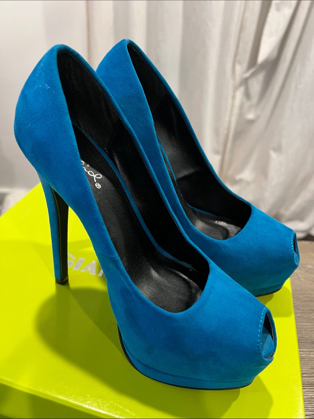Qupid Teal Suede Peep-Toe Platform Pumps